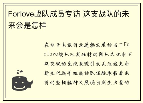 Forlove战队成员专访 这支战队的未来会是怎样