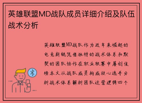 英雄联盟MD战队成员详细介绍及队伍战术分析