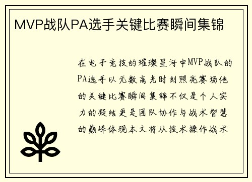MVP战队PA选手关键比赛瞬间集锦